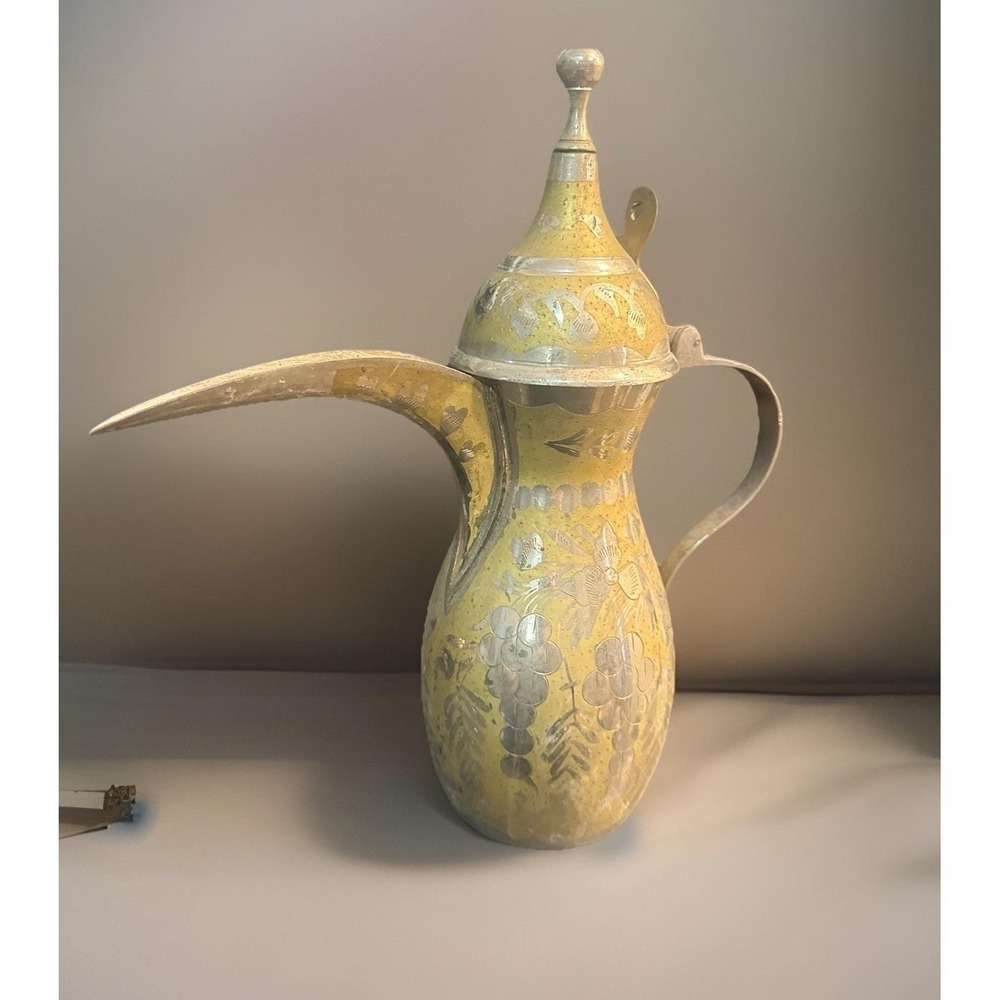 Vintage Wajidsons Brass Dallah Arabic Coffee Pot 13" Engraved Bedouin w/ Papers
